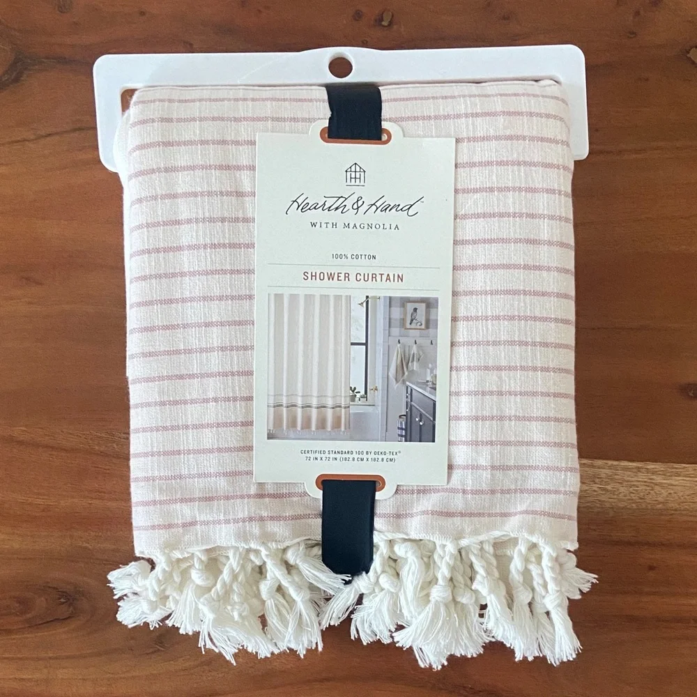 Hearth & Hand cream & mauve shower curtain fringe 72 x 72 inch bathroom decor